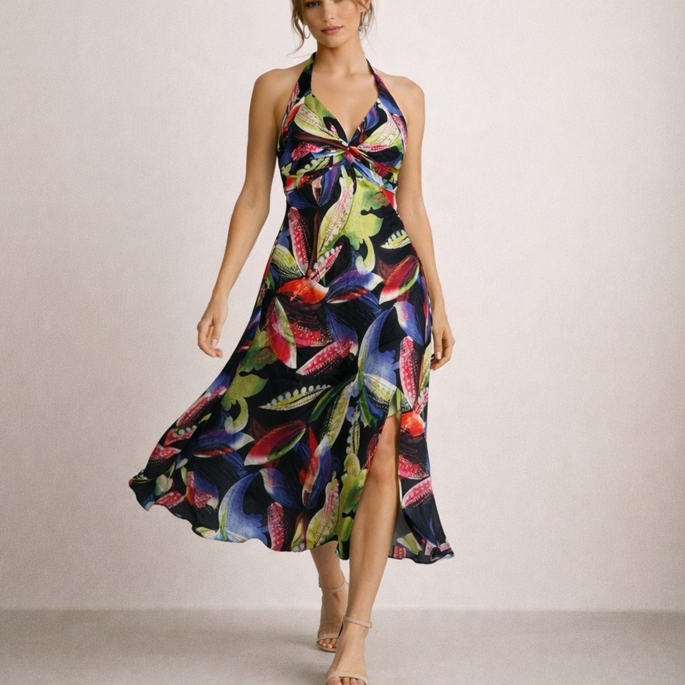 Vintage Cache Silk Floral Halter Dress Size 2 Maximalist Resortwear 2000s